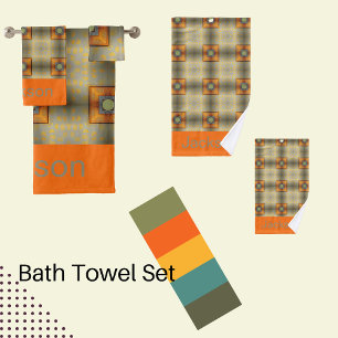 Custom name abstract sage green with orange  bath towel set