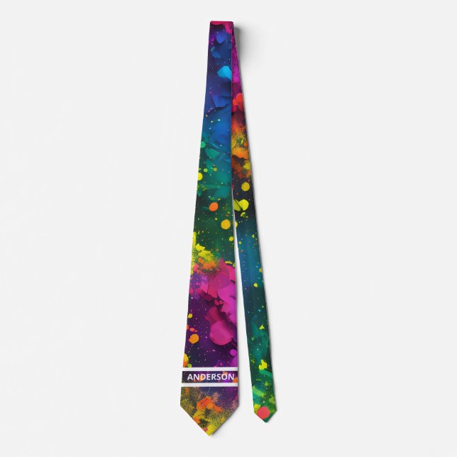 Custom Name Abstract Splatter Paint Cosmic Rainbow Tie (Front)
