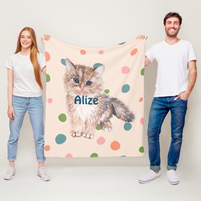 Custom name adorable cute kitten dots pink green fleece blanket (In Situ)
