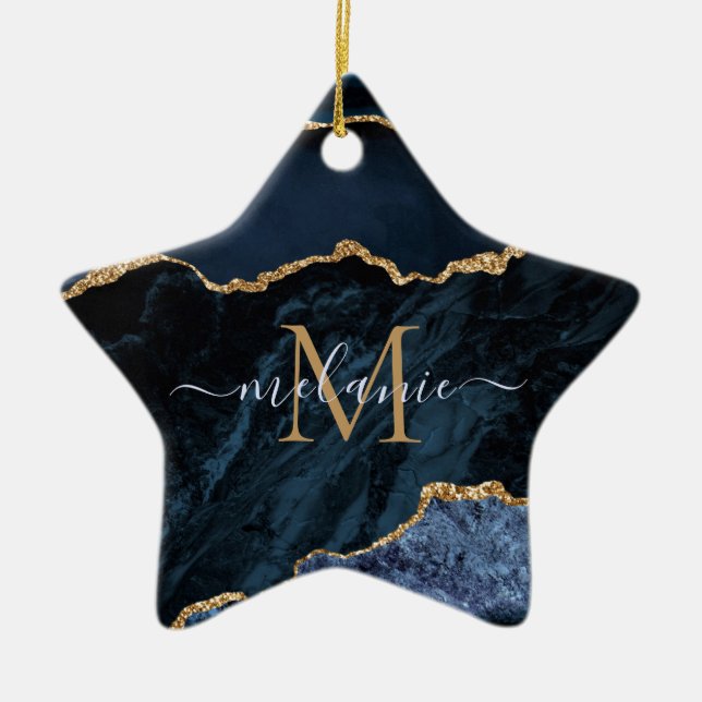 Custom Name Agate Navy Blue Gold Gemstone Marble Ceramic Tree Decoration (Front)