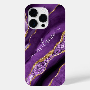 Custom Name Agate Purple Violet Gold Glitter Case-Mate iPhone 14 Pro Case