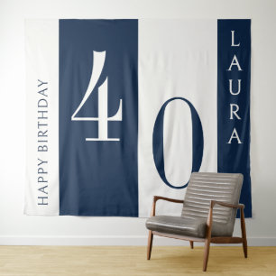 Custom Name & Age Banner, Navy and White Birthday Tapestry