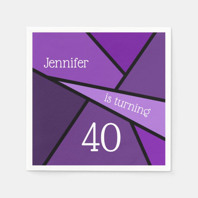 Custom Name Age Birthday Abstract Purple Geometric Napkin (Front)