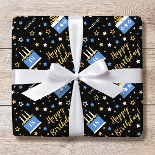 Custom Name Age Birthday Cake Blue Black Wrapping Paper