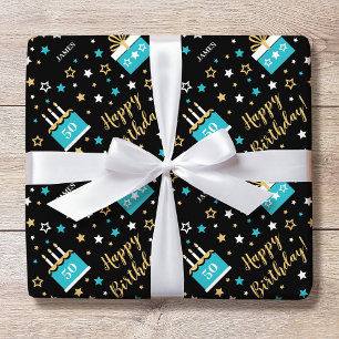 Custom Name Age Birthday Cake Teal Black Wrapping Paper