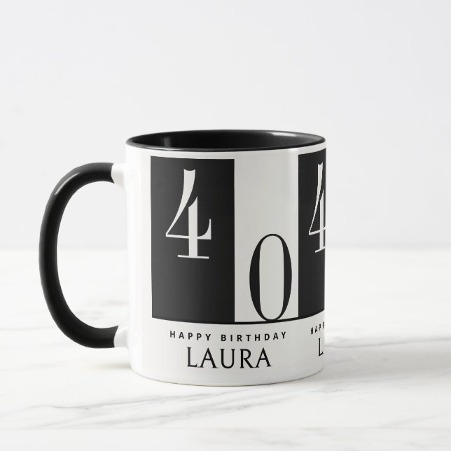 Custom Name & Age Black and White Birthday Mug (Left)