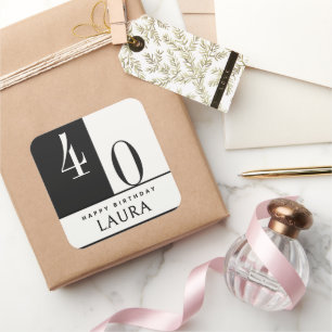 Custom Name & Age Black and White Birthday Square Sticker