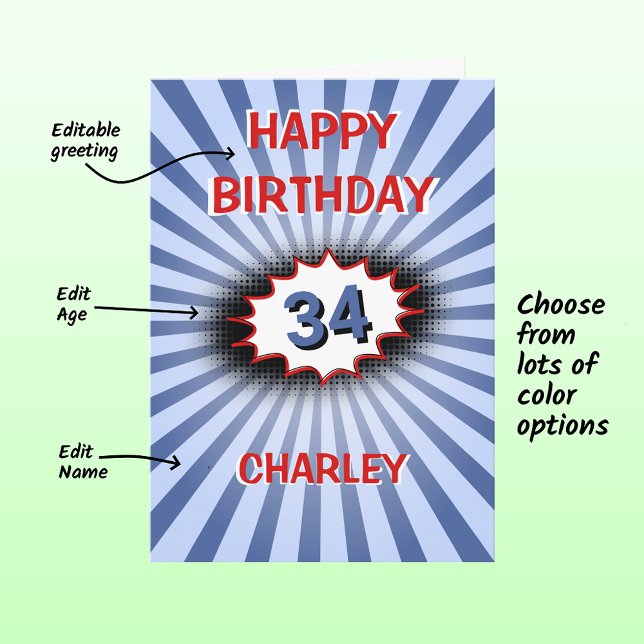 Custom name age blue retro birthday card (Creator Uploaded)
