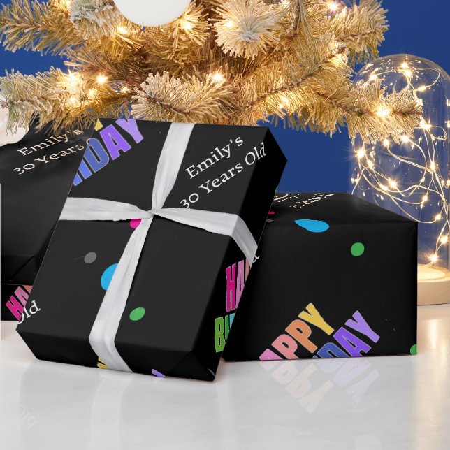Custom Name Age Gold Back Happy Birthday Girl  Wrapping Paper (Holidays)