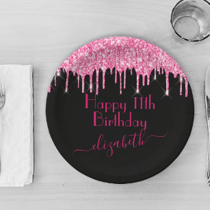 Custom Name + Age Hot Pink Dripping Glitter Black Paper Plate