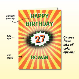 Custom name age orange yellow retro birthday card