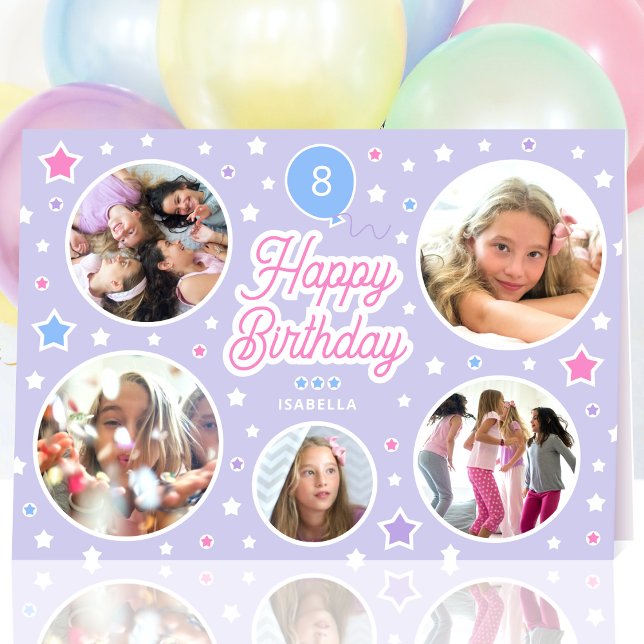 Custom Name Age Photo Collage Birthday Star Purple Card (Creator Uploaded)