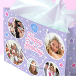Custom Name Age Photo Collage Birthday Star Purple Large Gift Bag<br><div class="desc">Say "Happy Birthday" with this cute personalised gift bag,  featuring five of your favourite photos! Celebration balloon and stars in purple,  pink,  white and blue.</div>