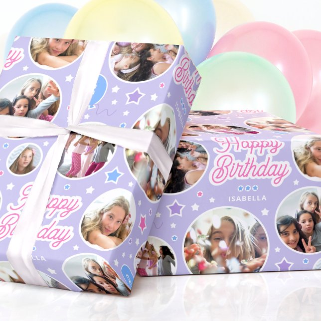 Custom Name Age Photo Collage Birthday Star Purple Wrapping Paper (Creator Uploaded)