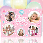 Custom Name Age Photo Collage Birthday Stars Pink Card<br><div class="desc">Cute personalised greetings card,  featuring five of your favourite photos! Celebration balloon and stars in candy pink,  white and blue-green turquoise.</div>