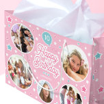 Custom Name Age Photo Collage Birthday Stars Pink Large Gift Bag<br><div class="desc">Say "Happy Birthday" with this cute personalised gift bag,  featuring five of your favourite photos! Celebration balloon and stars in candy pink,  white and blue-green turquoise.</div>