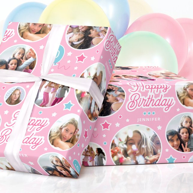 Custom Name Age Photo Collage Birthday Stars Pink Wrapping Paper (Creator Uploaded)