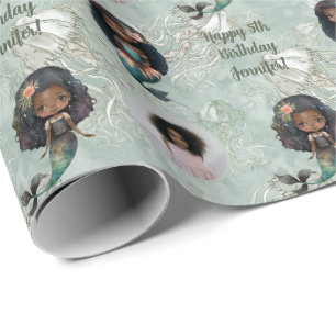 Custom Name Age Photo Mermaid Birthday Wrapping Paper