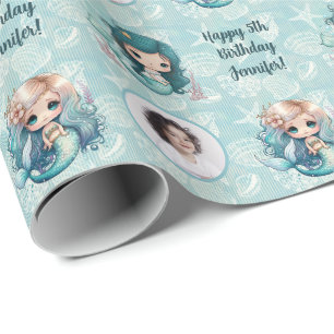 Custom Name Age Photo Mermaid Birthday Wrapping Paper
