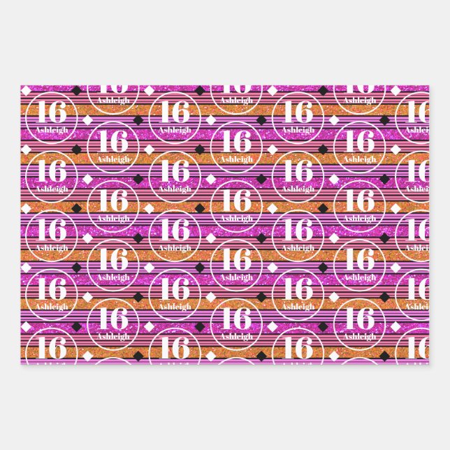 Custom Name Age Pink Birthday Wrapping Paper Sheet (Front)