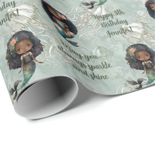 Custom Name Age Sentiment Mermaid Birthday Wrapping Paper