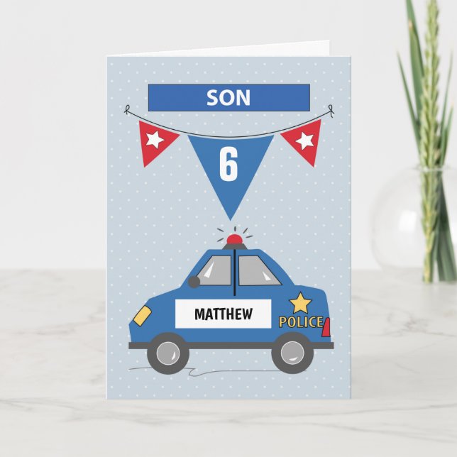 Custom Name Age Son 6th Birthday Blue Police Car Card (Front)