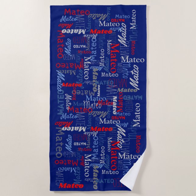 Custom name all over graphic text grey blue red  beach towel (Front)
