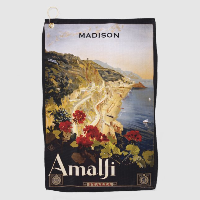 Custom name Amalfi Italy Vintage Travel Golf Towel (Front)