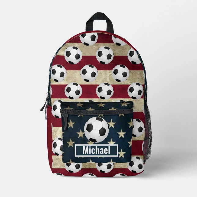 Custom Name American Flag Soccer Boys Backpack (Front)