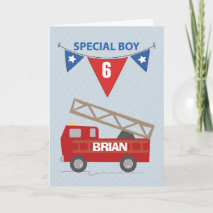 Custom Name and Age, 6th Birthday, Boy, Firetruck Card
