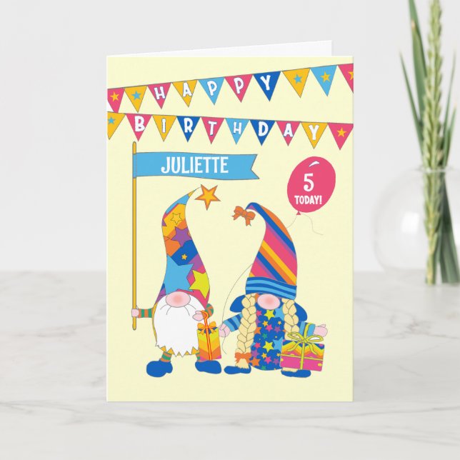Custom Name and Age Birthday with Fun Gnomes Card (Front)