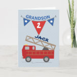 Custom Name and Age Grandson Firetruck Card<br><div class="desc">Seeing his name and age will be special for a young grandson and his parents! A firetruck is whizzing by with sound effects supplied by you,  the reader! Brightly coloured red and blue will delight him. Customisable card with name and age!</div>