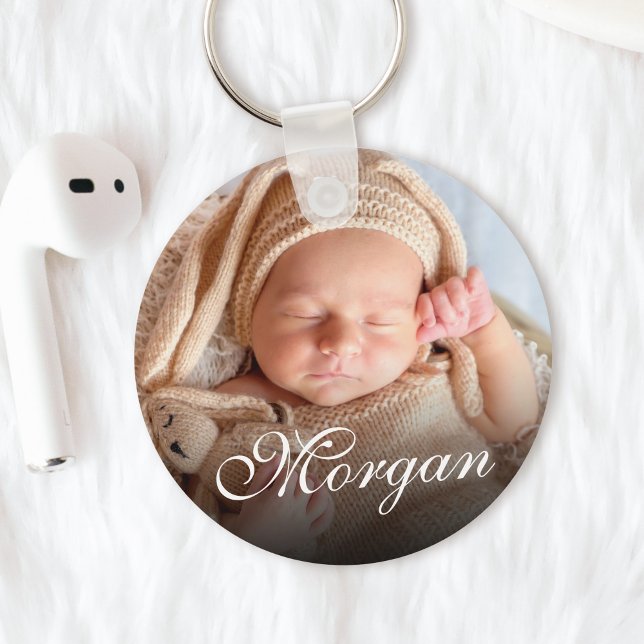 Custom Name And Baby Photo Pretty Classy Script Key Ring (Creator Uploaded)