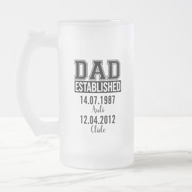 Custom Name and Birthdate Gift for Dad Frosted Glass Beer Mug (Left)