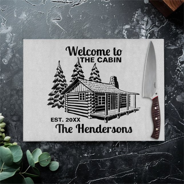 Custom Name and Date Log Cabin with Trees Cutting Board (Creator Uploaded)