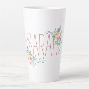 Custom Name And Floral Coral And Green Latte Mug