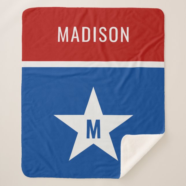 Custom name and initial Red, White & Blue Sherpa Blanket (Front)