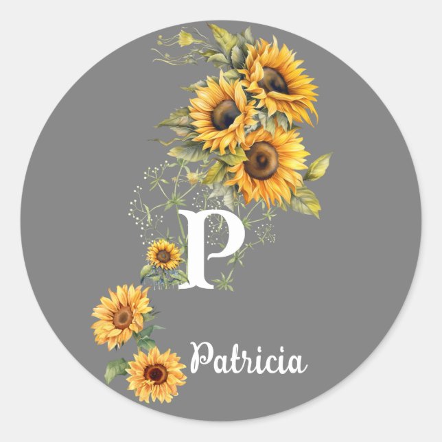 Custom Name and Initial Summer Sunflowers Yellow Classic Round Sticker (Front)