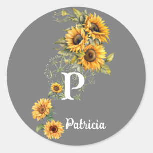 Custom Name and Initial Summer Sunflowers Yellow Classic Round Sticker