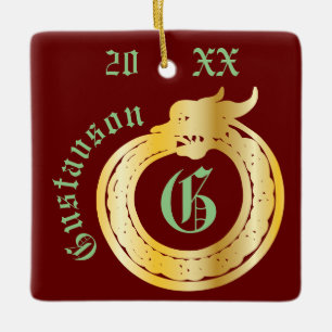 Custom Name and Monogram Celtic Style Ouroboros Ce Ceramic Ornament