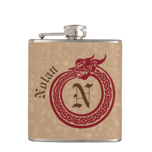 Custom Name and Monogram Celtic Style Ouroboros Hip Flask