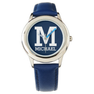Custom Name and Monogrammed Bold Typography Blue Watch