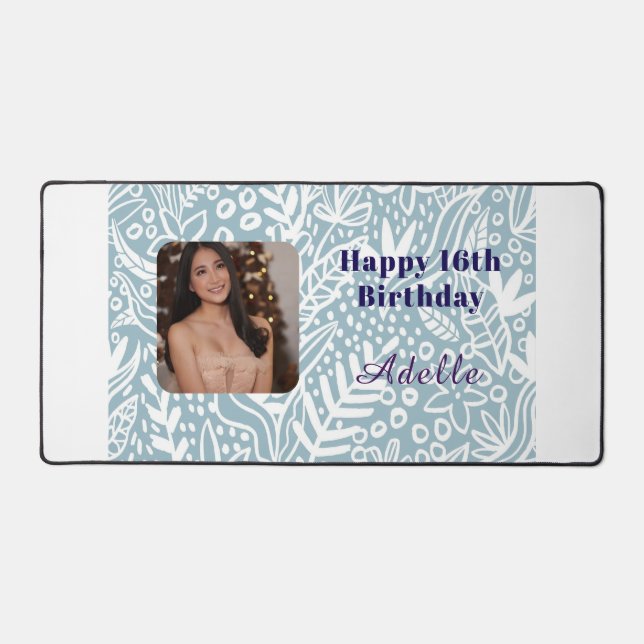 Custom Name and Photo 16th Birthday Green  Desk Mat (Front)