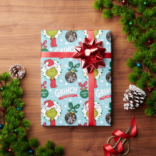 Custom Name and Photo - Grinch with Ornaments Wrapping Paper (Holiday Gift)