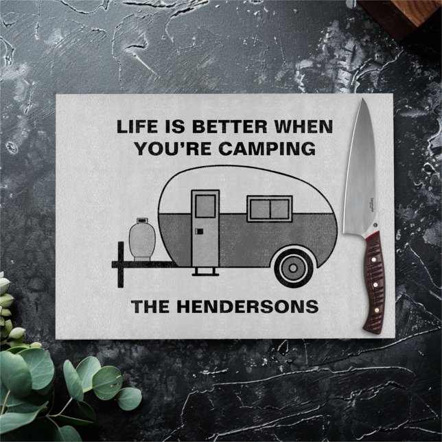 Custom Name and Phrase Cute Camper Camping Cutting Board (Creator Uploaded)