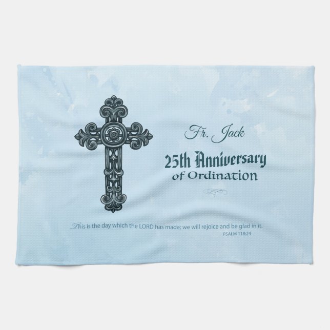 Custom Name & Anniversary Year Ordination, Priest Tea Towel (Horizontal)