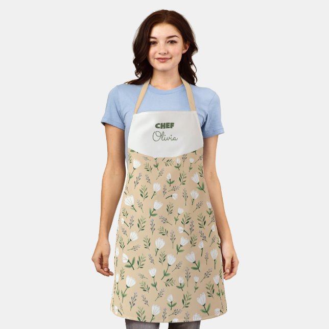 Custom Name Apron – Vanilla Floral Print (Worn)