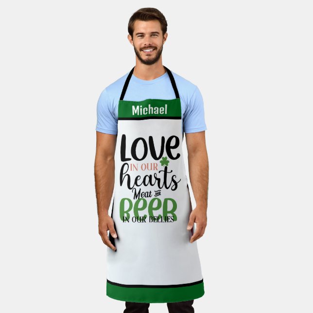 Custom Name Aprons - Funny Meat & Irish Beer Quote (Worn)