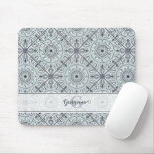 Custom Name Art Deco Floral Harmony Grey Mandala Mouse Mat
