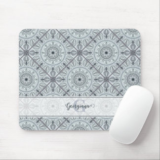 Custom Name Art Deco Floral Harmony Grey Mandala Mouse Mat